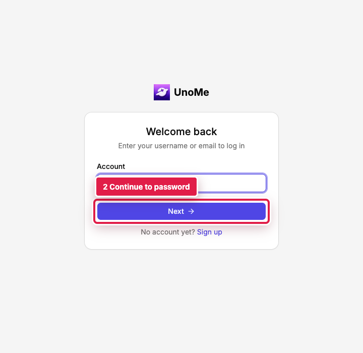 UnoMe login page with an account entered and a red rectangle around the Next button