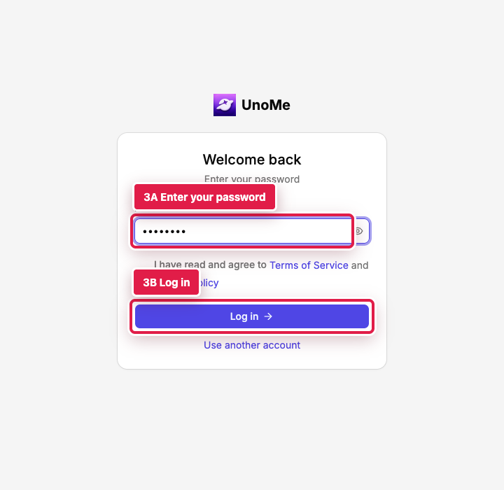 UnoMe password page with red rectangles around the Password field and Log in button