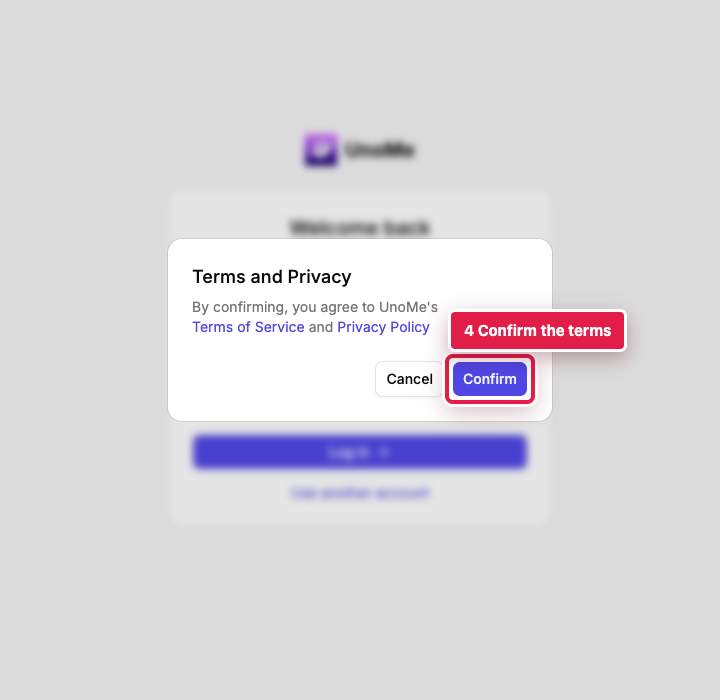 UnoMe Terms and Privacy dialog with a red rectangle around the Confirm button